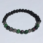 6mm Green Ruby Zoisite, Black Lava and Silver Flower Spacers