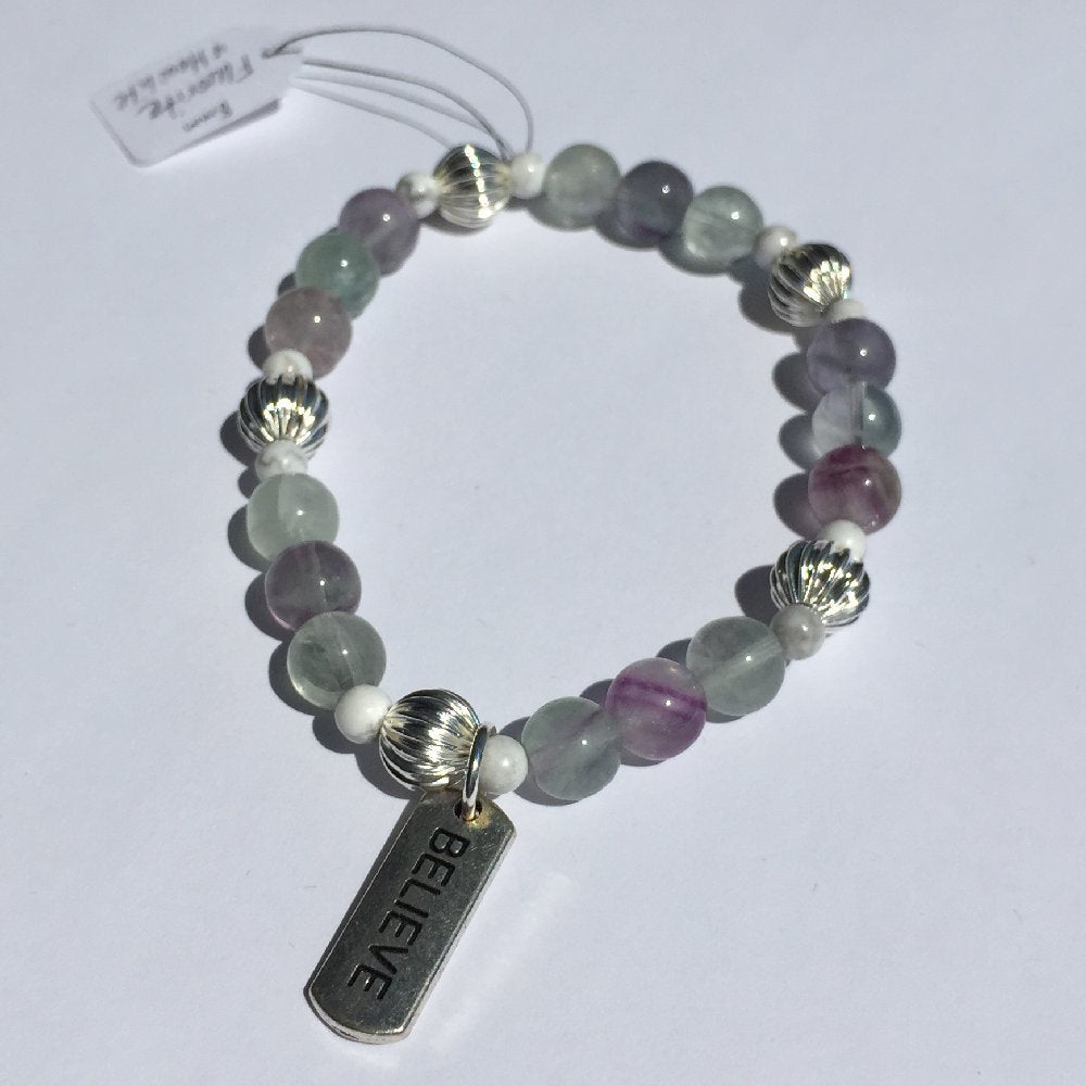 8mm Fluorite, 4mm Howlite with Silver Spacers and Believe Charm