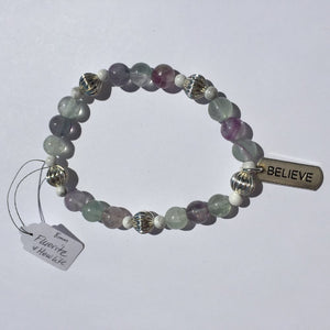 8mm Fluorite, 4mm Howlite with Silver Spacers and Believe Charm