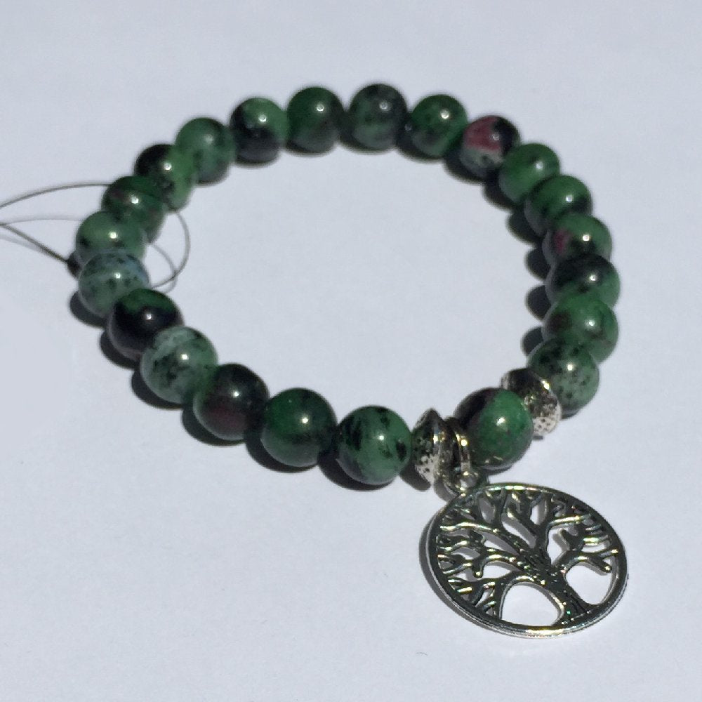 8mm Green Ruby Zoisite with Silver Spacers and Tree Charm
