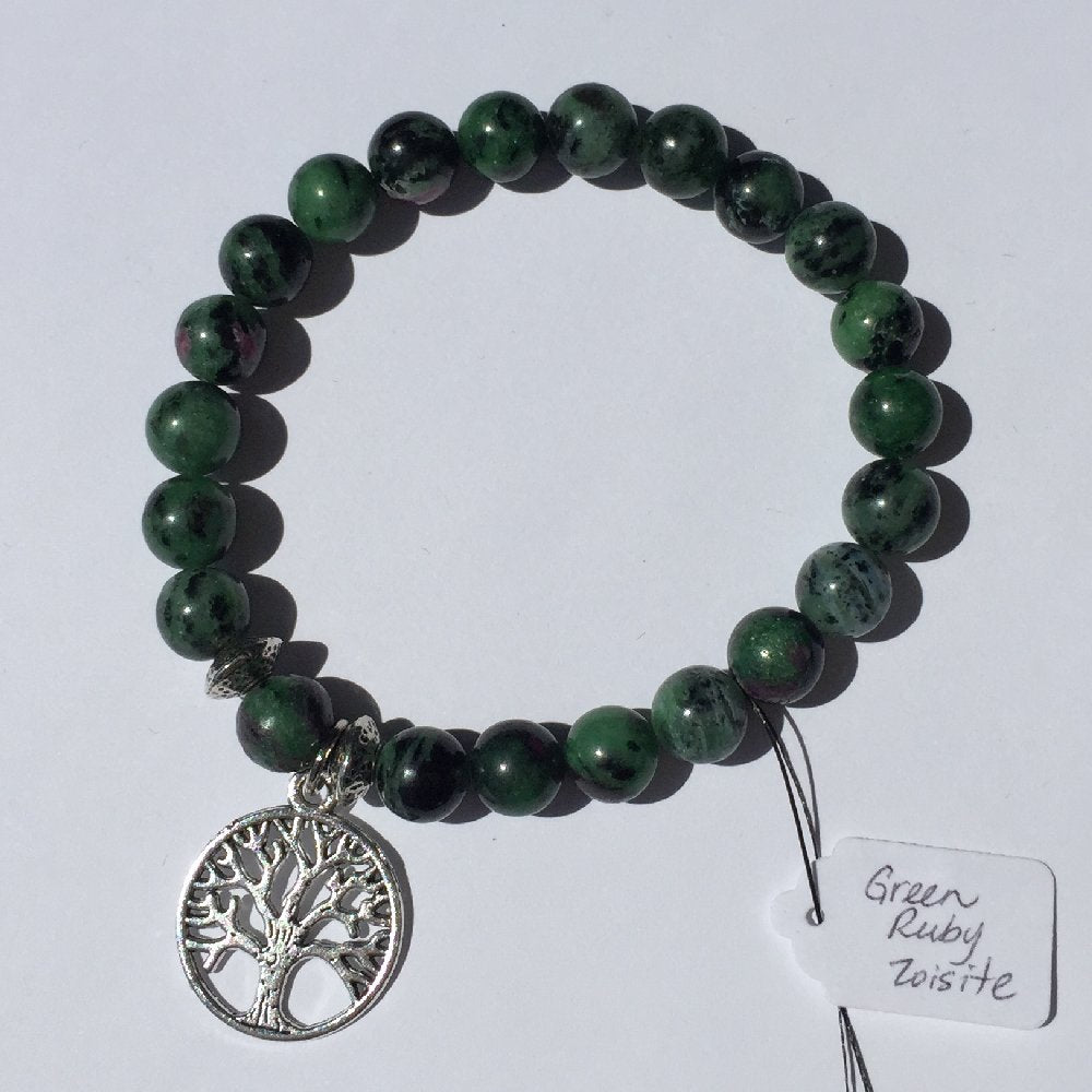 8mm Green Ruby Zoisite with Silver Spacers and Tree Charm