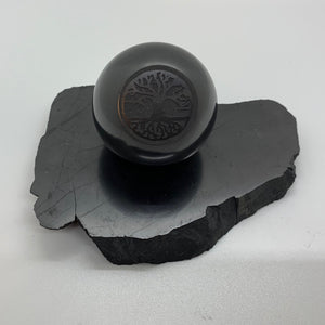 Polished Shungite Sphere Cut with Deep Engraving Tree of Life (5 cm)*