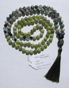Renewal Mala Necklace (Green Moss Tree Agate, Jade, Fluorite, Black Obsidian, Dark Green Rhyolite Kambaba Jasper)