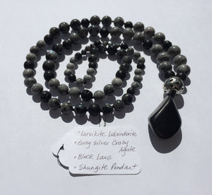 Grounding Protection Necklace (Shungite, Black Lava, Gray Silver Crazy Agate, Larvikite)