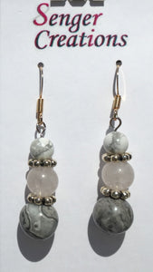 Howlite, Rose Quartz and Grey Crazy Silver Agate Earrings