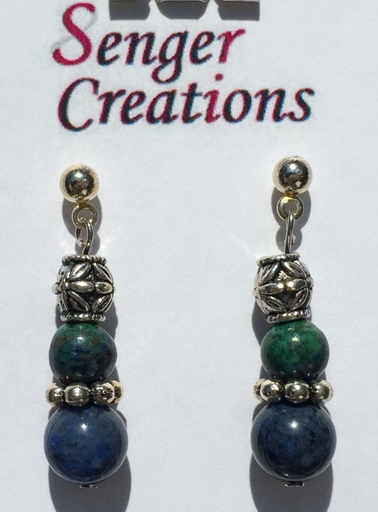 Lapis Lazuli Malachite and Dark Blue Dumortierite Earrings
