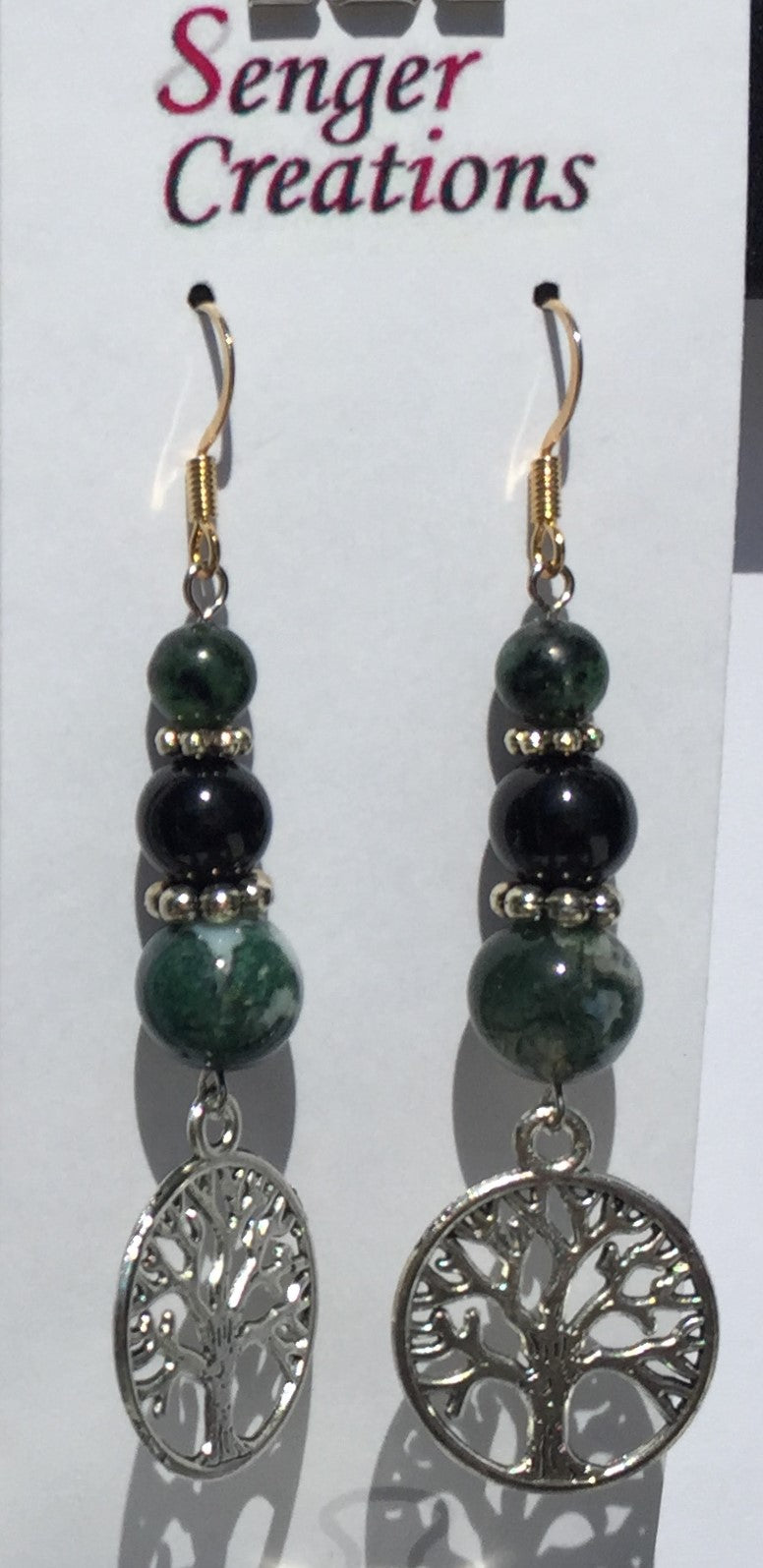 Green Ruby Zoisite, Black Tourmaline and Green Moss Tree Agate Earrings