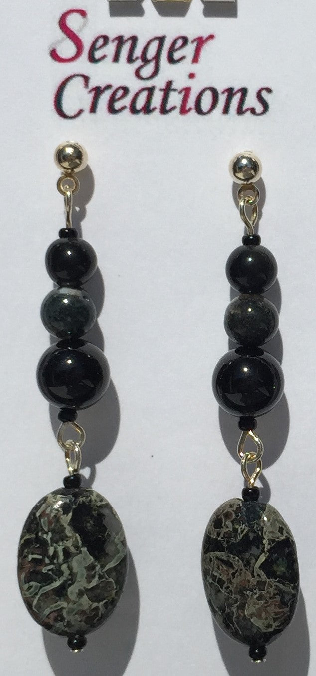 Black Obsidian, Green Moss Tree Agate, Black Tourmaline, Dark Green Rhyolite Kambaba Jasper Earrings